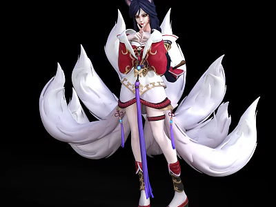 Fantasy Anime Character With Nine Tailed Fox Traits In Red White Outfit And Flowing Tails 3d model