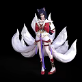 Fantasy Anime Character With Nine Tailed Fox Traits In Red White Outfit And Flowing Tails