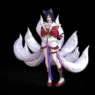Fantasy Anime Character With Nine Tailed Fox Traits In Red White Outfit And Flowing Tails 3d model