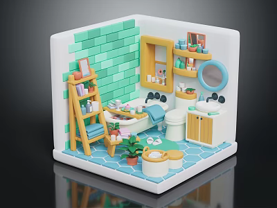 Colorful Bathroom Interior With Green Brick Wall Yellow Ladder Shelf Round Mirror And Blue Tiles 3d model