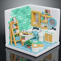 Colorful Bathroom Interior With Green Brick Wall Yellow Ladder Shelf Round Mirror And Blue Tiles