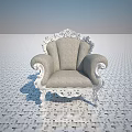 Elegant Carved Armchair With Gray Fabric Upholstery And White Ornate Wooden Frame Classical Design