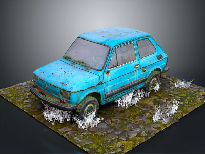 Abandoned Old Blue Rusty Car Parked On Stony Ground With Weeds 3d model
