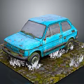 Abandoned Old Blue Rusty Car Parked On Stony Ground With Weeds