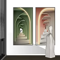 Green and Pink Arch Corridor Artworks With White Sculpture Hanging on Wall