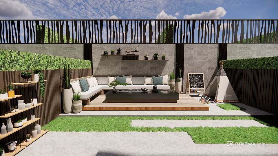 Stylish Courtyard Garden With Sofa Coffee Table Green Plants Wooden Screen And Stone Floor 3d model 