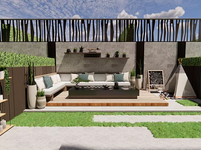 Stylish Courtyard Garden With Sofa Coffee Table Green Plants Wooden Screen And Stone Floor 3d model