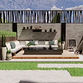 Stylish Courtyard Garden With Sofa Coffee Table Green Plants Wooden Screen And Stone Floor