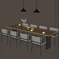 Modern Dining Table And Chairs With Wooden Top Gray Seats Fruits And Black Pendant Lights