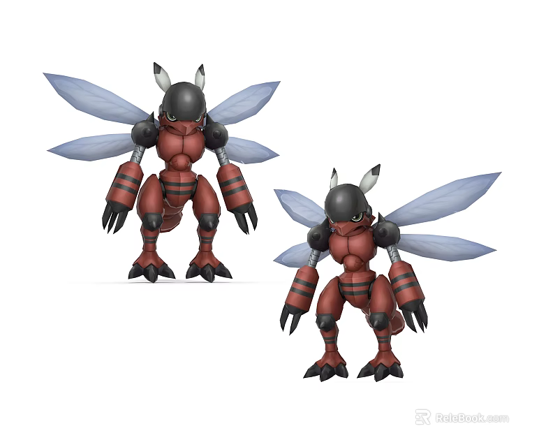 Two Red Armored Insect Robot Characters With Large Wings And Horns 3d model