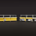 Commercial Kitchen Equipment With Yellow Cabinets Glass Display Shelves And Stainless Steel Worktables