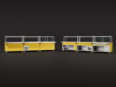 Commercial Kitchen Equipment With Yellow Cabinets Glass Display Shelves And Stainless Steel Worktables 3d model