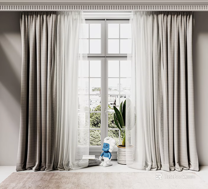 Gray Thick Curtains With White Sheer Panels And Window Potted Plant Blue Doll 3d model 