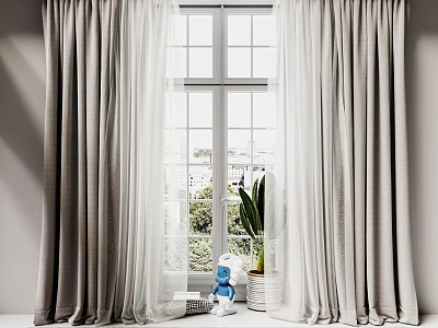 Gray Thick Curtains With White Sheer Panels And Window Potted Plant Blue Doll 3d model