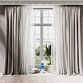 Gray Thick Curtains With White Sheer Panels And Window Potted Plant Blue Doll