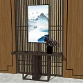 Elegant Console Table Interior With Black Vase Purple Flowers And Wooden Panel
