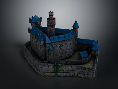 Medieval Castle Model With Blue Roofs Towers And Stone Walls Design 3d model
