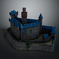Medieval Castle Model With Blue Roofs Towers And Stone Walls Design