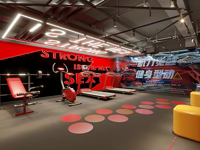 Modern Gym Interior With Red Fitness Equipment And Neon Lights 3d model