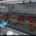 Oilfield Equipment Display With Derricks Oil Pumps Interactive Touchscreen And Mountain Landscape
