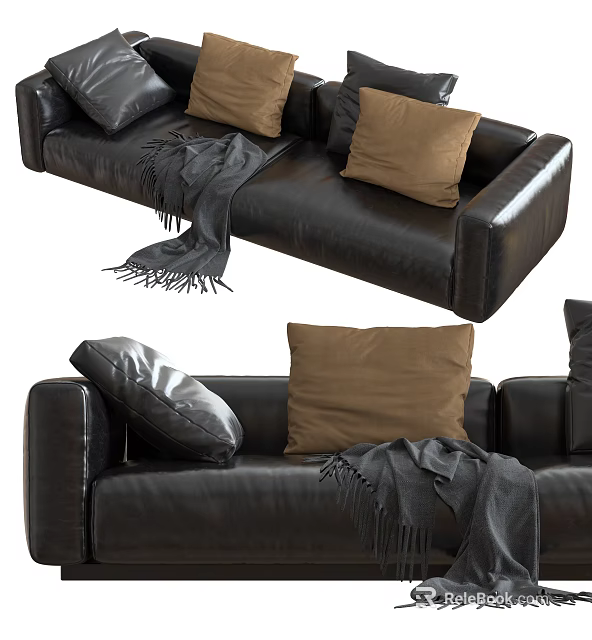 Black Leather Double Sofa With Brown Pillows And Gray Throw 3d model