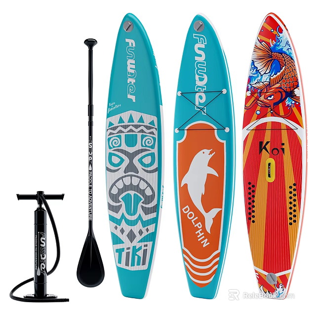 Inflatable Stand Up Paddleboard Set With Tiki Dolphin Koi Designs Pump And Paddle 3d model 