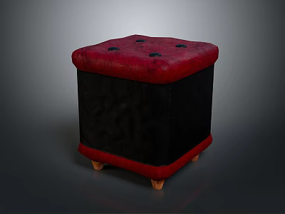 Square Red Top Black Upholstered Ottoman With Wooden Legs And Button Tufted Design 3d model