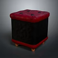 Square Red Top Black Upholstered Ottoman With Wooden Legs And Button Tufted Design