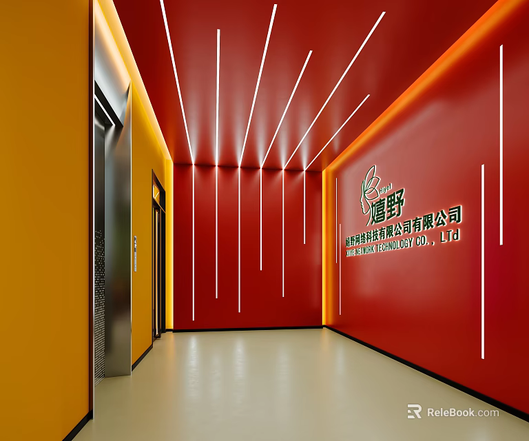 Bright Modern Office Reception Corridor With Red Corporate Brand Wall And Stylish Linear Lights 3d model 