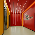 Bright Modern Office Reception Corridor With Red Corporate Brand Wall And Stylish Linear Lights