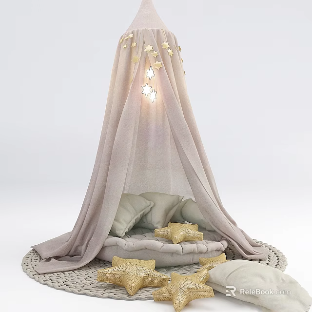 Cozy Canopy Tent with Light Purple Drape Golden Stars and Soft Cushions 3d model 