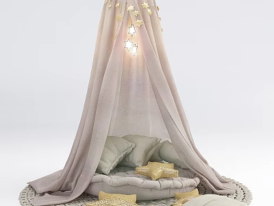 Cozy Canopy Tent with Light Purple Drape Golden Stars and Soft Cushions 3d model