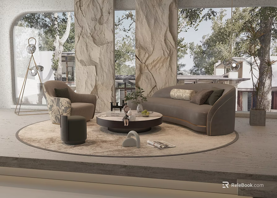 Modern Elegant Living Room With Marble Walls Sofa Coffee Table Round Rug And Throw Pillows 3d model 