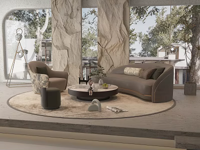 Modern Elegant Living Room With Marble Walls Sofa Coffee Table Round Rug And Throw Pillows 3d model