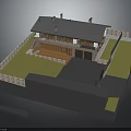 Traditional House Building With Blue Roof Chimneys Stone Fence Wooden Terrace And Green Lawn