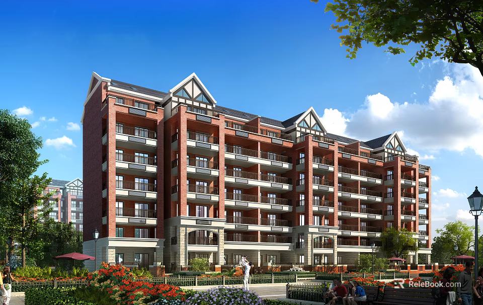 Modern Red Brick Residential Building With Multiple Balconies Lush Greenery And Flower Gardens 3d model 
