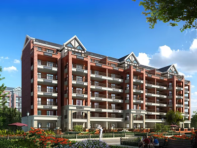 Modern Red Brick Residential Building With Multiple Balconies Lush Greenery And Flower Gardens 3d model