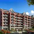 Modern Red Brick Residential Building With Multiple Balconies Lush Greenery And Flower Gardens