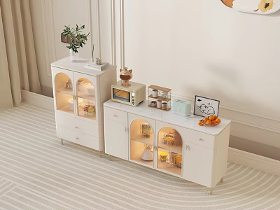 Modern White Sideboard With Glass Doors Microwave Decorative Boxes Photo Frame And Fresh Fruits 3d model
