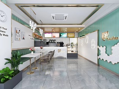 Modern Bubble Tea Shop Interior With Green Walls White Decor Counter Hanging Lights And Seating 3d model