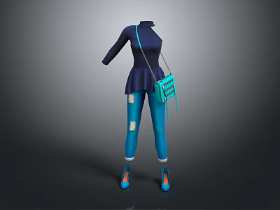 Dark Blue Turtleneck Long Sleeves Blue Ripped Jeans Cuffed Hems Teal Crossbody Bag Blue Heels 3d model