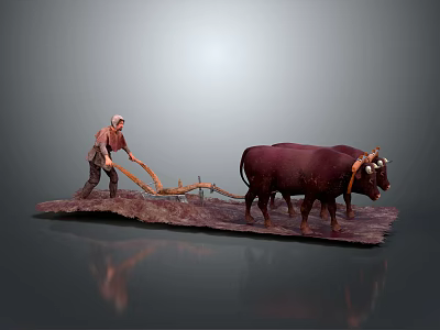 Charming Cartoon Scene of Farmer Plowing Field With Two Oxen and Wooden Plow 3d model