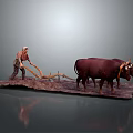 Charming Cartoon Scene of Farmer Plowing Field With Two Oxen and Wooden Plow