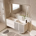 Modern Bathroom Interior With Double Sink Marble Countertop Mirror Plant And Toilet