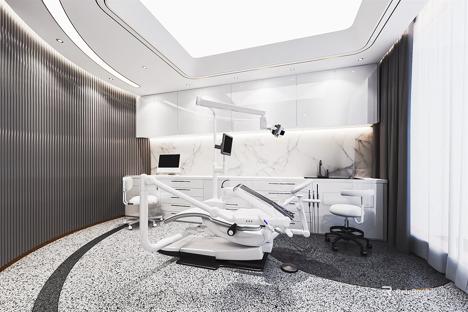 Dental Clinic Modern Interior With White Cabinets Marble Countertop Dental Chair And Ceiling Lights 3d model 