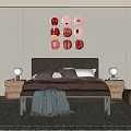 Modern Double Bed with Upholstered Headboard Pillows Blanket Nightstands Table Lamps and Rug