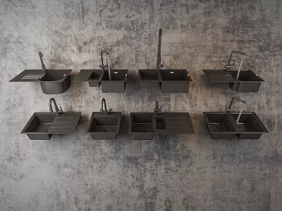 Multiple Modern Kitchen Sinks Arranged on Gray Textured Wall Surface 3d model