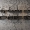 Multiple Modern Kitchen Sinks Arranged on Gray Textured Wall Surface 3d model