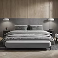 Modern Bedroom Interior With Wooden Accent Wall Gray Upholstered Headboard Table Lamps And Armchair