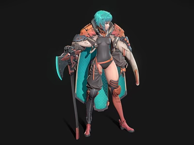 Teal Haired Character in Armored Attire With Mythical Creature Companion 3d model